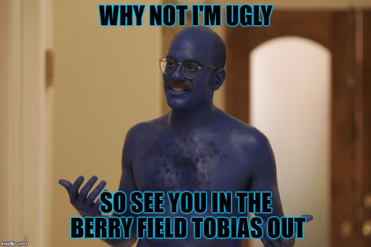 blue tobias | WHY NOT I'M UGLY; SO SEE YOU IN THE BERRY FIELD TOBIAS OUT | image tagged in blue tobias | made w/ Imgflip meme maker