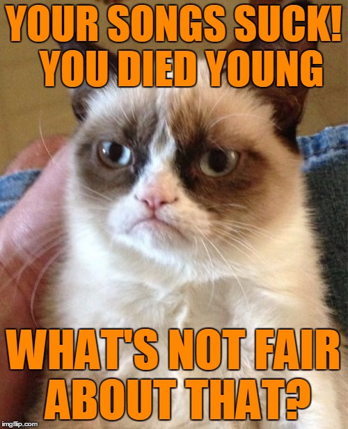 Grumpy Cat Meme | YOUR SONGS SUCK!  YOU DIED YOUNG WHAT'S NOT FAIR ABOUT THAT? | image tagged in memes,grumpy cat | made w/ Imgflip meme maker