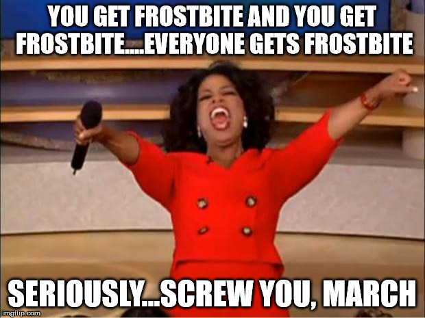 Oprah You Get A Meme | YOU GET FROSTBITE AND YOU GET FROSTBITE....EVERYONE GETS FROSTBITE; SERIOUSLY...SCREW YOU, MARCH | image tagged in memes,oprah you get a | made w/ Imgflip meme maker