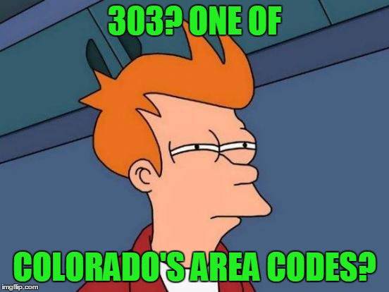 Futurama Fry Meme | 303? ONE OF COLORADO'S AREA CODES? | image tagged in memes,futurama fry | made w/ Imgflip meme maker