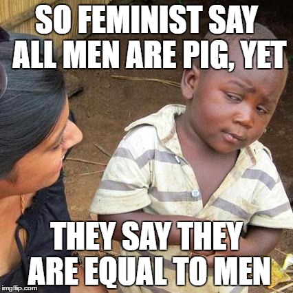 Third World Skeptical Kid | SO FEMINIST SAY ALL MEN ARE PIG, YET; THEY SAY THEY ARE EQUAL TO MEN | image tagged in memes,third world skeptical kid | made w/ Imgflip meme maker