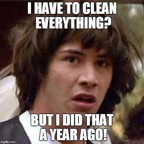 It's Spring Cleaning Time! | I HAVE TO CLEAN EVERYTHING? BUT I DID THAT A YEAR AGO! | image tagged in memes,conspiracy keanu | made w/ Imgflip meme maker