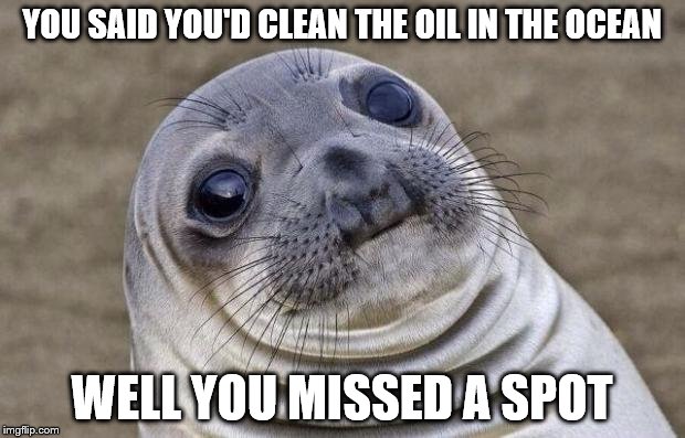 Awkward Moment Sealion Meme | YOU SAID YOU'D CLEAN THE OIL IN THE OCEAN; WELL YOU MISSED A SPOT | image tagged in memes,awkward moment sealion | made w/ Imgflip meme maker