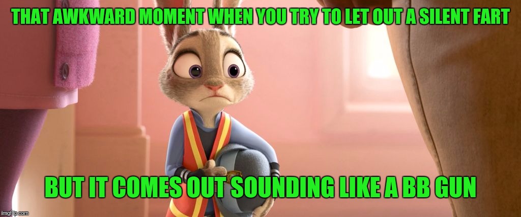 Judy Hopps awkward  | THAT AWKWARD MOMENT WHEN YOU TRY TO LET OUT A SILENT FART; BUT IT COMES OUT SOUNDING LIKE A BB GUN | image tagged in judy hopps awkward | made w/ Imgflip meme maker