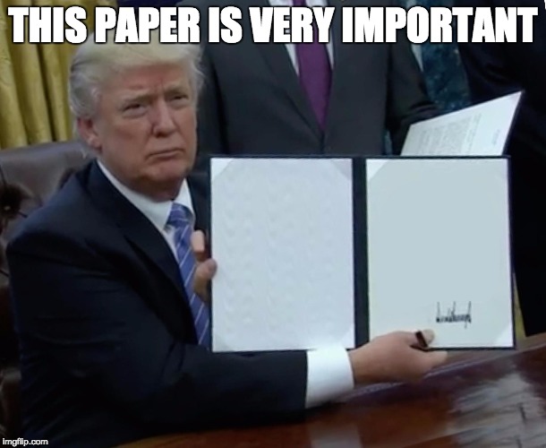 Trump Bill Signing Meme | THIS PAPER IS VERY IMPORTANT | image tagged in trump bill signing | made w/ Imgflip meme maker