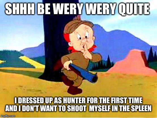 Elmer Fudd | SHHH BE WERY WERY QUITE; I DRESSED UP AS HUNTER FOR THE FIRST TIME AND I DON'T WANT TO SHOOT 
MYSELF IN THE SPLEEN | image tagged in elmer fudd | made w/ Imgflip meme maker