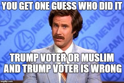 Anchorman | YOU GET ONE GUESS WHO DID IT; TRUMP VOTER OR MUSLIM AND TRUMP VOTER IS WRONG | image tagged in anchorman | made w/ Imgflip meme maker