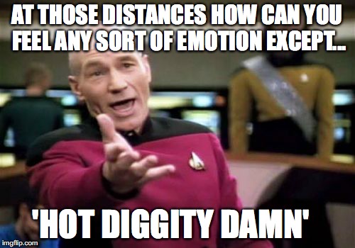 Picard Wtf Meme | AT THOSE DISTANCES HOW CAN YOU FEEL ANY SORT OF EMOTION EXCEPT... 'HOT DIGGITY DAMN' | image tagged in memes,picard wtf | made w/ Imgflip meme maker