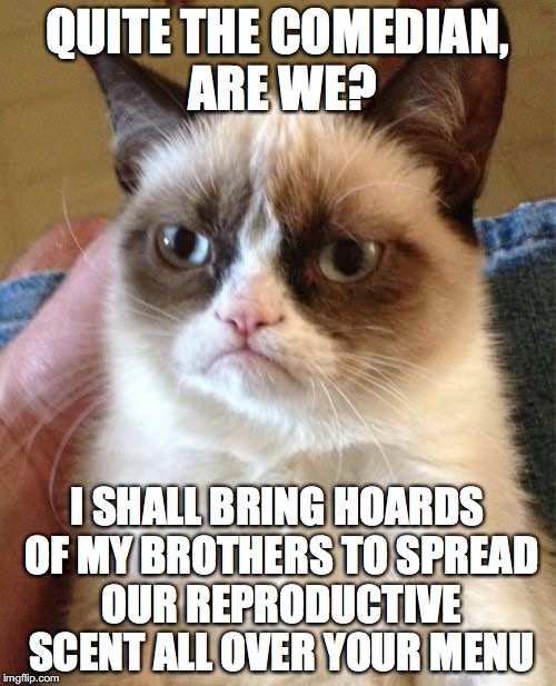 Grumpy Cat Meme | QUITE THE COMEDIAN, ARE WE? I SHALL BRING HOARDS OF MY BROTHERS TO SPREAD OUR REPRODUCTIVE SCENT ALL OVER YOUR MENU | image tagged in memes,grumpy cat | made w/ Imgflip meme maker