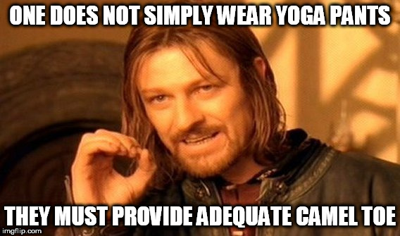 One Does Not Simply | ONE DOES NOT SIMPLY WEAR YOGA PANTS; THEY MUST PROVIDE ADEQUATE CAMEL TOE | image tagged in memes,one does not simply | made w/ Imgflip meme maker
