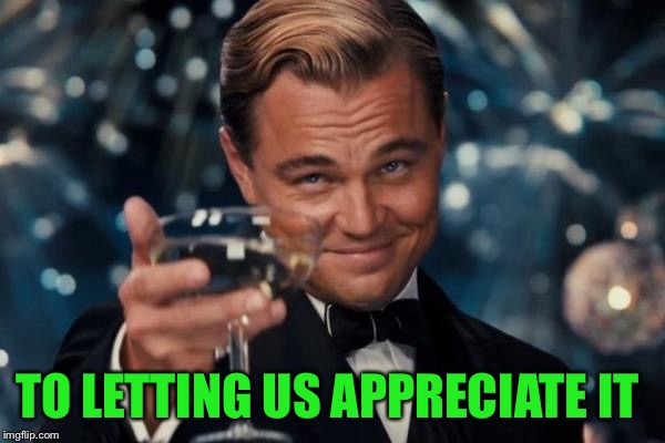 Leonardo Dicaprio Cheers Meme | TO LETTING US APPRECIATE IT | image tagged in memes,leonardo dicaprio cheers | made w/ Imgflip meme maker