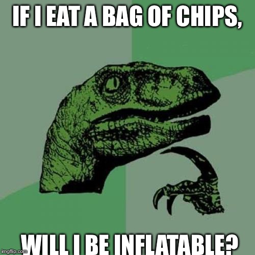 Chips for philosoraptor? | IF I EAT A BAG OF CHIPS, WILL I BE INFLATABLE? | image tagged in memes,philosoraptor | made w/ Imgflip meme maker
