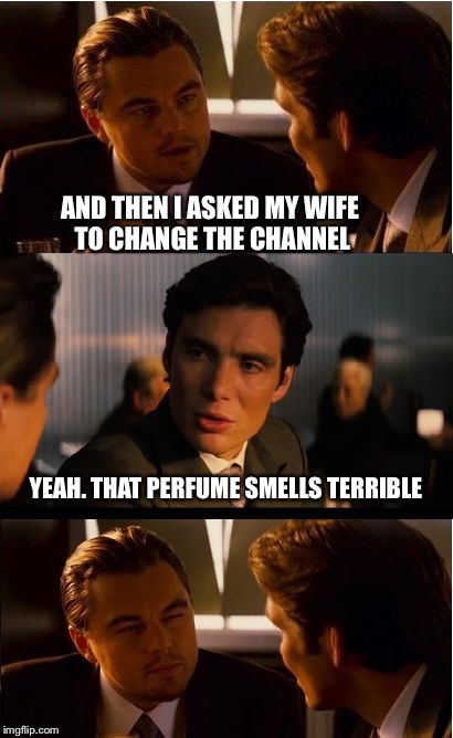 Inception Meme | AND THEN I ASKED MY WIFE TO CHANGE THE CHANNEL; YEAH. THAT PERFUME SMELLS TERRIBLE | image tagged in memes,inception | made w/ Imgflip meme maker