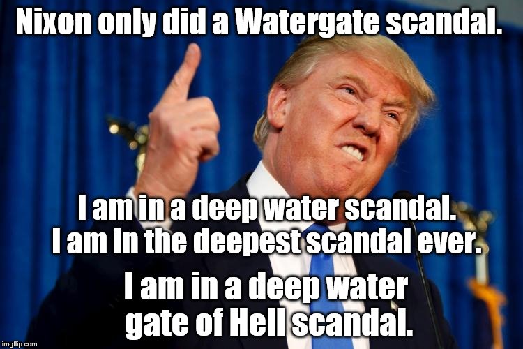 Trump Finger | Nixon only did a Watergate scandal. I am in a deep water scandal. I am in the deepest scandal ever. I am in a deep water gate of Hell scandal. | image tagged in trump finger | made w/ Imgflip meme maker
