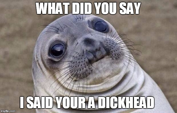 Awkward Moment Sealion Meme |  WHAT DID YOU SAY; I SAID YOUR A DICKHEAD | image tagged in memes,awkward moment sealion | made w/ Imgflip meme maker