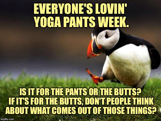 Unpopular Opinion Puffin Meme | EVERYONE'S LOVIN' YOGA PANTS WEEK. IS IT FOR THE PANTS OR THE BUTTS? IF IT'S FOR THE BUTTS, DON'T PEOPLE THINK ABOUT WHAT COMES OUT OF THOSE THINGS? | image tagged in memes,unpopular opinion puffin | made w/ Imgflip meme maker