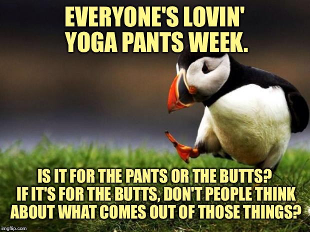 Unpopular Opinion Puffin | EVERYONE'S LOVIN' YOGA PANTS WEEK. IS IT FOR THE PANTS OR THE BUTTS? IF IT'S FOR THE BUTTS, DON'T PEOPLE THINK ABOUT WHAT COMES OUT OF THOSE THINGS? | image tagged in memes,unpopular opinion puffin | made w/ Imgflip meme maker