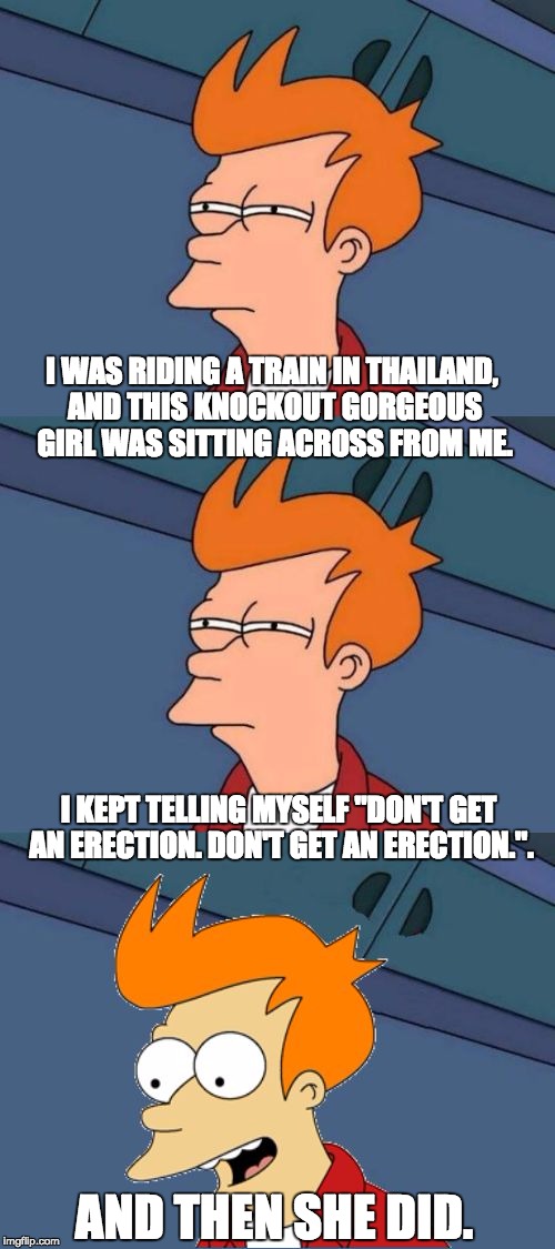 Bad Pun Fry | I WAS RIDING A TRAIN IN THAILAND, AND THIS KNOCKOUT GORGEOUS GIRL WAS SITTING ACROSS FROM ME. I KEPT TELLING MYSELF "DON'T GET AN ERECTION. DON'T GET AN ERECTION.". AND THEN SHE DID. | image tagged in bad pun fry | made w/ Imgflip meme maker