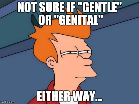Futurama Fry Meme | NOT SURE IF "GENTLE" OR "GENITAL" EITHER WAY... | image tagged in memes,futurama fry | made w/ Imgflip meme maker