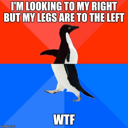 Socially Awesome Awkward Penguin | I'M LOOKING TO MY RIGHT BUT MY LEGS ARE TO THE LEFT; WTF | image tagged in memes,socially awesome awkward penguin | made w/ Imgflip meme maker