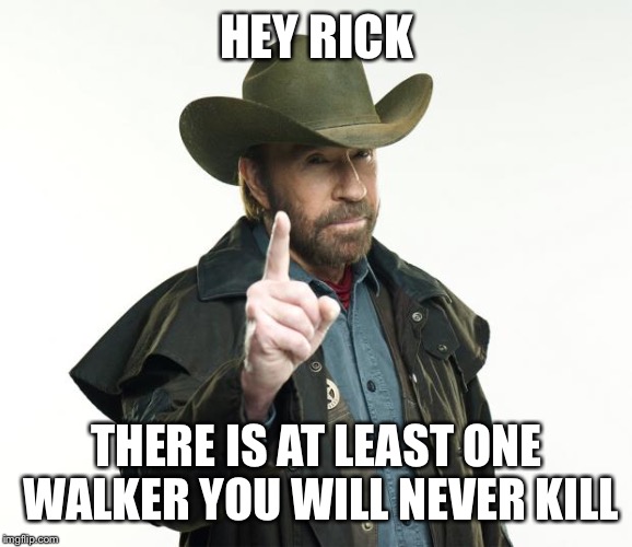 Chuck Norris Finger | HEY RICK; THERE IS AT LEAST ONE WALKER YOU WILL NEVER KILL | image tagged in memes,chuck norris finger,chuck norris | made w/ Imgflip meme maker