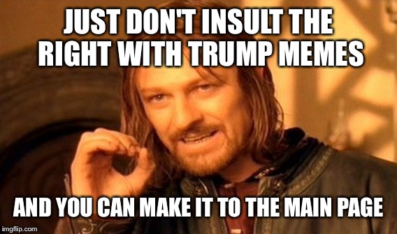 One Does Not Simply Meme | JUST DON'T INSULT THE RIGHT WITH TRUMP MEMES AND YOU CAN MAKE IT TO THE MAIN PAGE | image tagged in memes,one does not simply | made w/ Imgflip meme maker