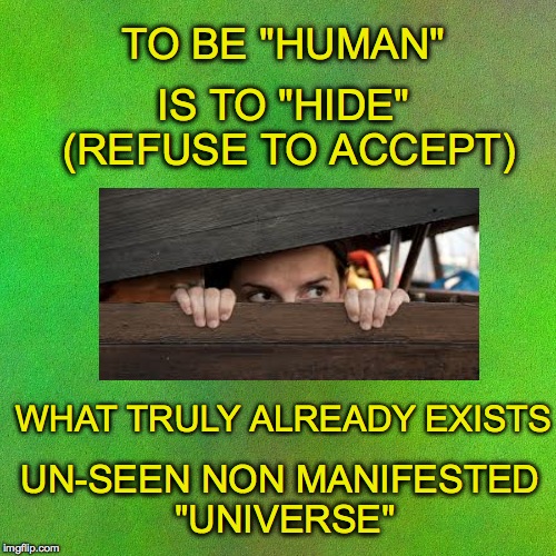 TO BE "HUMAN"; IS TO "HIDE" (REFUSE TO ACCEPT); WHAT TRULY ALREADY EXISTS; UN-SEEN NON MANIFESTED "UNIVERSE" | made w/ Imgflip meme maker