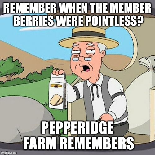 Pepperidge Farm Remembers | REMEMBER WHEN THE MEMBER BERRIES WERE POINTLESS? PEPPERIDGE FARM REMEMBERS | image tagged in memes,pepperidge farm remembers,member berries | made w/ Imgflip meme maker