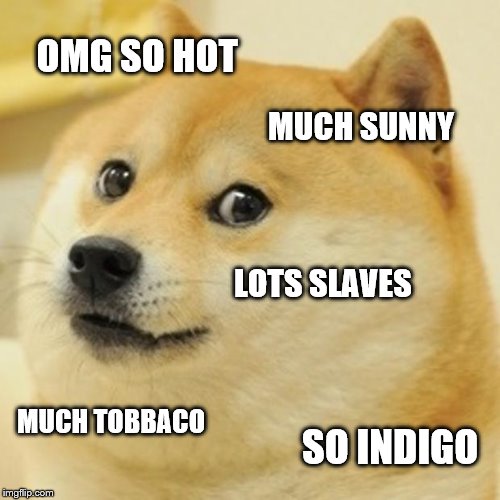 Doge | OMG SO HOT; MUCH SUNNY; LOTS SLAVES; MUCH TOBBACO; SO INDIGO | image tagged in memes,doge | made w/ Imgflip meme maker