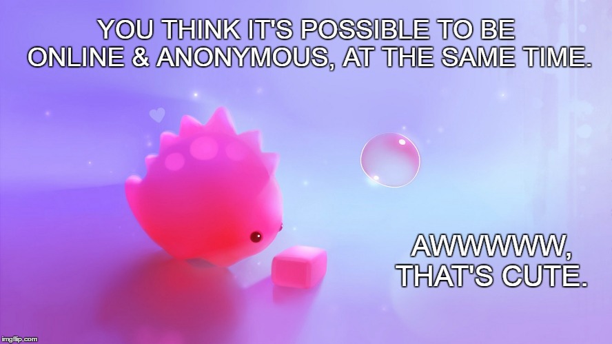 That's cute | YOU THINK IT'S POSSIBLE TO BE ONLINE & ANONYMOUS, AT THE SAME TIME. AWWWWW, THAT'S CUTE. | image tagged in cute,anonymous,online | made w/ Imgflip meme maker