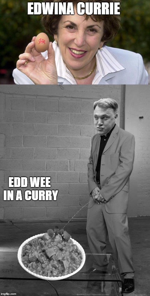 Not to be confused with | EDWINA CURRIE; EDD WEE IN A CURRY | image tagged in edwina currie,edd balls,to avoid confusion | made w/ Imgflip meme maker