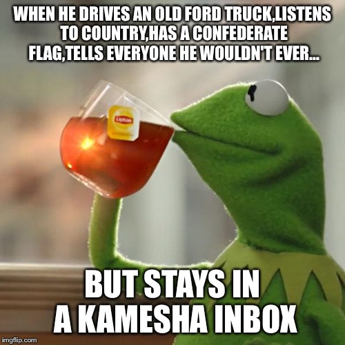 But That's None Of My Business | WHEN HE DRIVES AN OLD FORD TRUCK,LISTENS TO COUNTRY,HAS A CONFEDERATE FLAG,TELLS EVERYONE HE WOULDN'T EVER... BUT STAYS IN A KAMESHA INBOX | image tagged in memes,but thats none of my business,kermit the frog | made w/ Imgflip meme maker