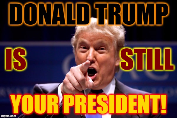 Your President BWHA-HA-HA! | DONALD TRUMP; IS                    STILL; YOUR PRESIDENT! | image tagged in your president bwha-ha-ha | made w/ Imgflip meme maker