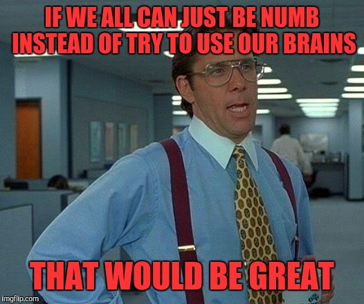 That Would Be Great Meme | IF WE ALL CAN JUST BE NUMB INSTEAD OF TRY TO USE OUR BRAINS THAT WOULD BE GREAT | image tagged in memes,that would be great | made w/ Imgflip meme maker