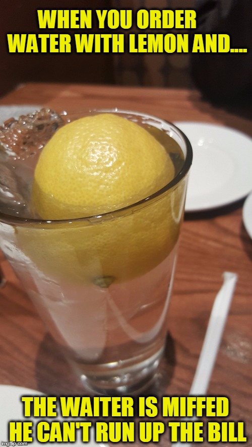 A Tip about Tips | WHEN YOU ORDER     WATER WITH LEMON AND.... THE WAITER IS MIFFED HE CAN'T RUN UP THE BILL | image tagged in vince vance,waiters,ordering water with your meal,water with lemon,waiters who want to run up the bill | made w/ Imgflip meme maker