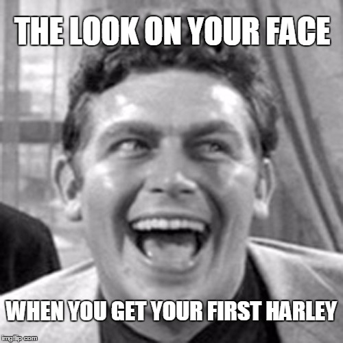 The look on your face when you buy your first Harley | THE LOOK ON YOUR FACE; WHEN YOU GET YOUR FIRST HARLEY | image tagged in funny,andy griffith,harley davidson | made w/ Imgflip meme maker