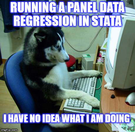 I Have No Idea What I Am Doing | RUNNING A PANEL DATA REGRESSION IN STATA; I HAVE NO IDEA WHAT I AM DOING | image tagged in memes,i have no idea what i am doing | made w/ Imgflip meme maker