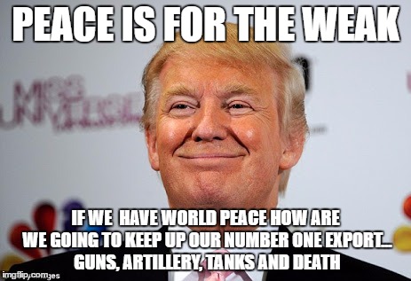 Donald trump approves | PEACE IS FOR THE WEAK; IF WE  HAVE WORLD PEACE HOW ARE WE GOING TO KEEP UP OUR NUMBER ONE EXPORT... GUNS, ARTILLERY, TANKS AND DEATH | image tagged in donald trump approves | made w/ Imgflip meme maker