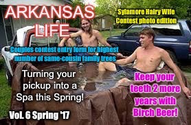 Arkansas Life Vol. 6 is in stores now! | Vol. 6 Spring '17 | image tagged in memes,arkansas life,truck spa,family tree,birch beer,hairy wife | made w/ Imgflip meme maker