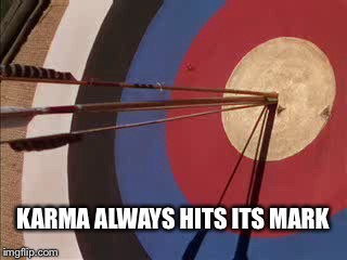 Bullseye! | KARMA ALWAYS HITS ITS MARK | image tagged in arrow,split,target,karma,mark | made w/ Imgflip meme maker