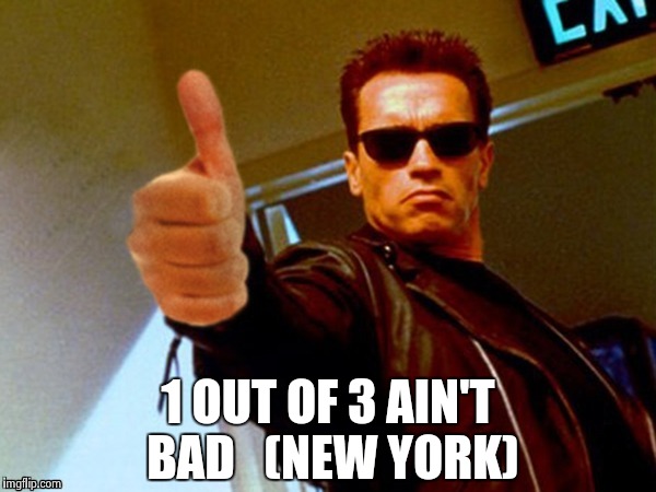 Arnold likes it | 1 OUT OF 3 AIN'T BAD   (NEW YORK) | image tagged in arnold likes it | made w/ Imgflip meme maker