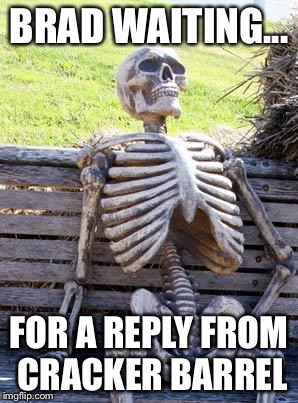 Waiting Skeleton | BRAD WAITING... FOR A REPLY FROM CRACKER BARREL | image tagged in memes,waiting skeleton | made w/ Imgflip meme maker