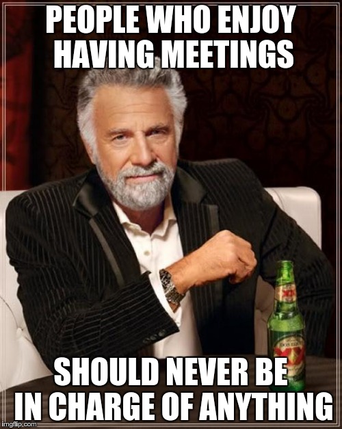 The Most Interesting Man In The World Meme | PEOPLE WHO ENJOY HAVING MEETINGS SHOULD NEVER BE IN CHARGE OF ANYTHING | image tagged in memes,the most interesting man in the world | made w/ Imgflip meme maker