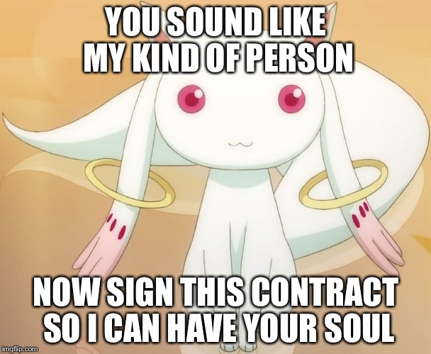 Kyubey | YOU SOUND LIKE MY KIND OF PERSON NOW SIGN THIS CONTRACT SO I CAN HAVE YOUR SOUL | image tagged in kyubey | made w/ Imgflip meme maker