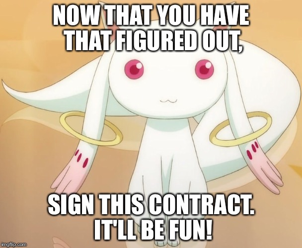 NOW THAT YOU HAVE THAT FIGURED OUT, SIGN THIS CONTRACT. IT'LL BE FUN! | image tagged in kyubey | made w/ Imgflip meme maker
