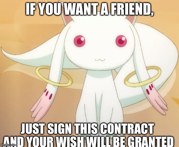 IF YOU WANT A FRIEND, JUST SIGN THIS CONTRACT AND YOUR WISH WILL BE GRANTED | image tagged in kyubey | made w/ Imgflip meme maker