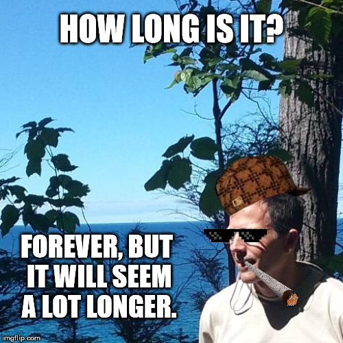 Miller | HOW LONG IS IT? FOREVER, BUT IT WILL SEEM A LOT LONGER. | image tagged in miller,scumbag | made w/ Imgflip meme maker