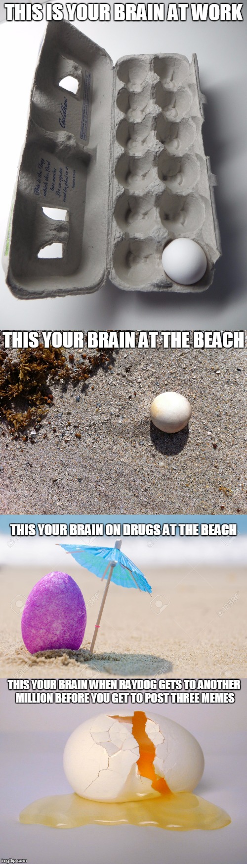 Just want you to know, I could have gone on and on with this meme.  | THIS IS YOUR BRAIN AT WORK; THIS YOUR BRAIN AT THE BEACH; THIS YOUR BRAIN ON DRUGS AT THE BEACH; THIS YOUR BRAIN WHEN RAYDOG GETS TO ANOTHER MILLION BEFORE YOU GET TO POST THREE MEMES | image tagged in raydog,eggs,brain on drugs,long meme | made w/ Imgflip meme maker