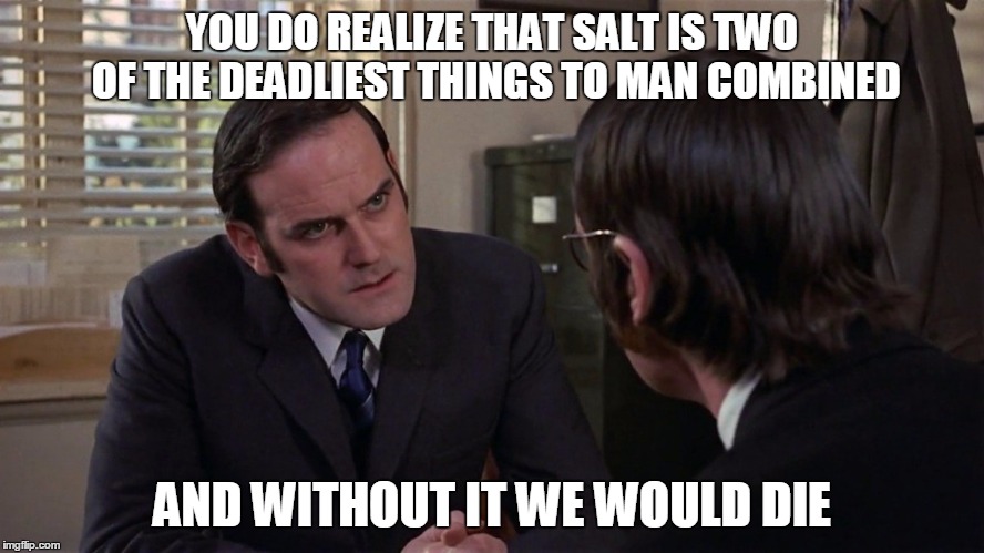 Monty Python | YOU DO REALIZE THAT SALT IS TWO OF THE DEADLIEST THINGS TO MAN COMBINED AND WITHOUT IT WE WOULD DIE | image tagged in monty python | made w/ Imgflip meme maker