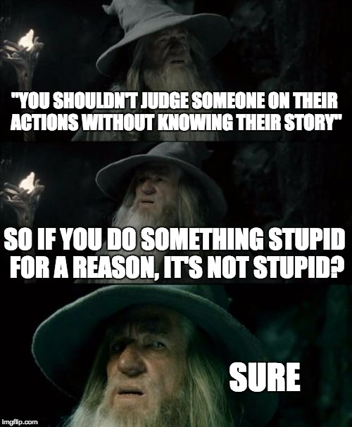 Bias People Be Like | "YOU SHOULDN'T JUDGE SOMEONE ON THEIR ACTIONS WITHOUT KNOWING THEIR STORY"; SO IF YOU DO SOMETHING STUPID FOR A REASON, IT'S NOT STUPID? SURE | image tagged in memes,confused gandalf,bias,stupid people,stupid,lol | made w/ Imgflip meme maker
